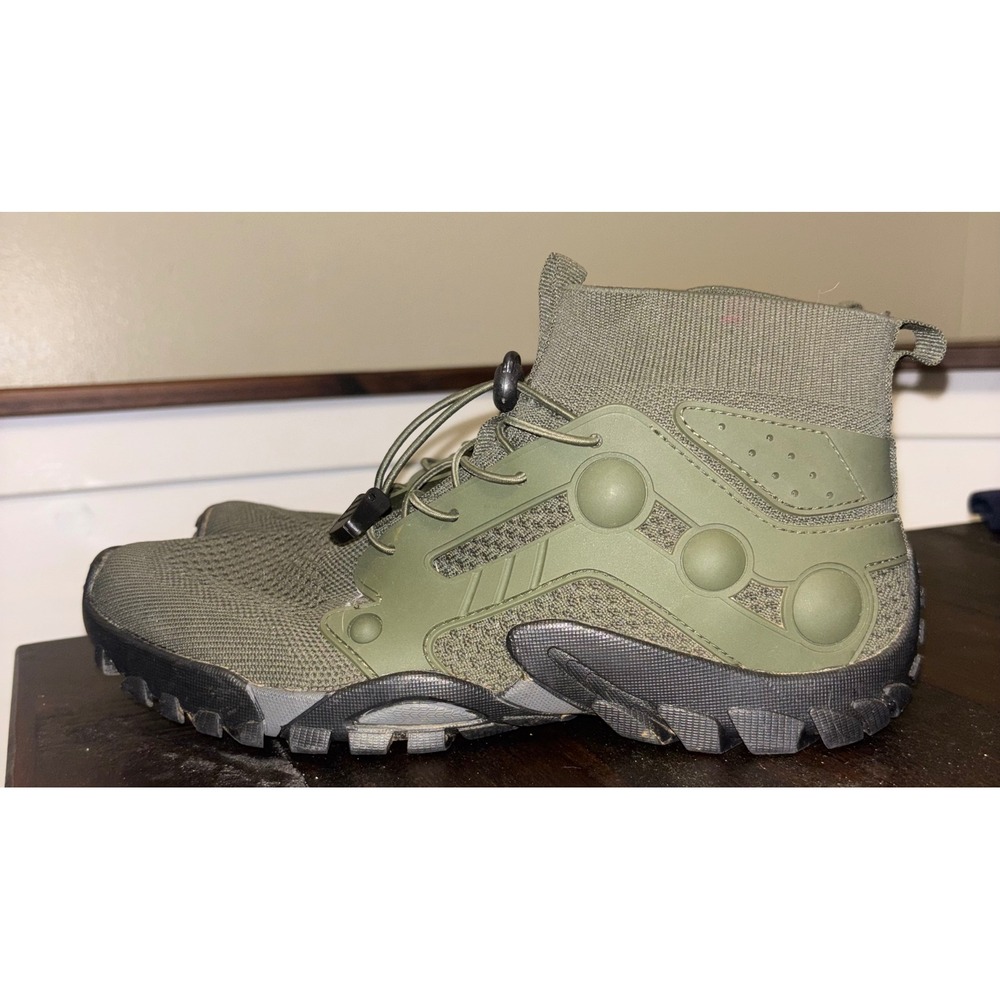 Olive Green Knit Tactical Bungee Lace Mid Top Sneakers Gorpcore Techwear